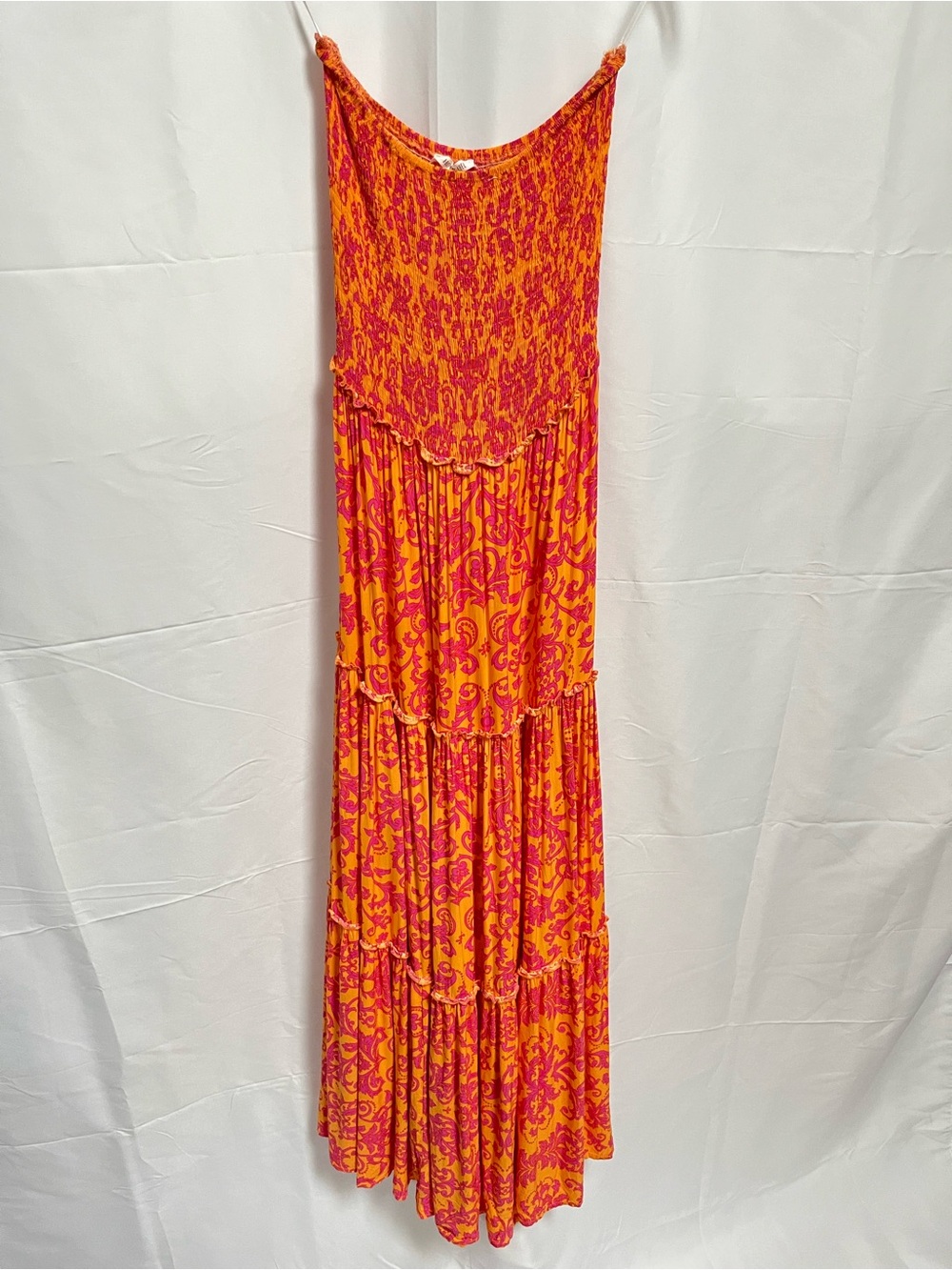 Abel the Label Vibrant Orange & Pink Strapless Smocked Tiered Maxi Dress Sz M - Picture 2 of 6